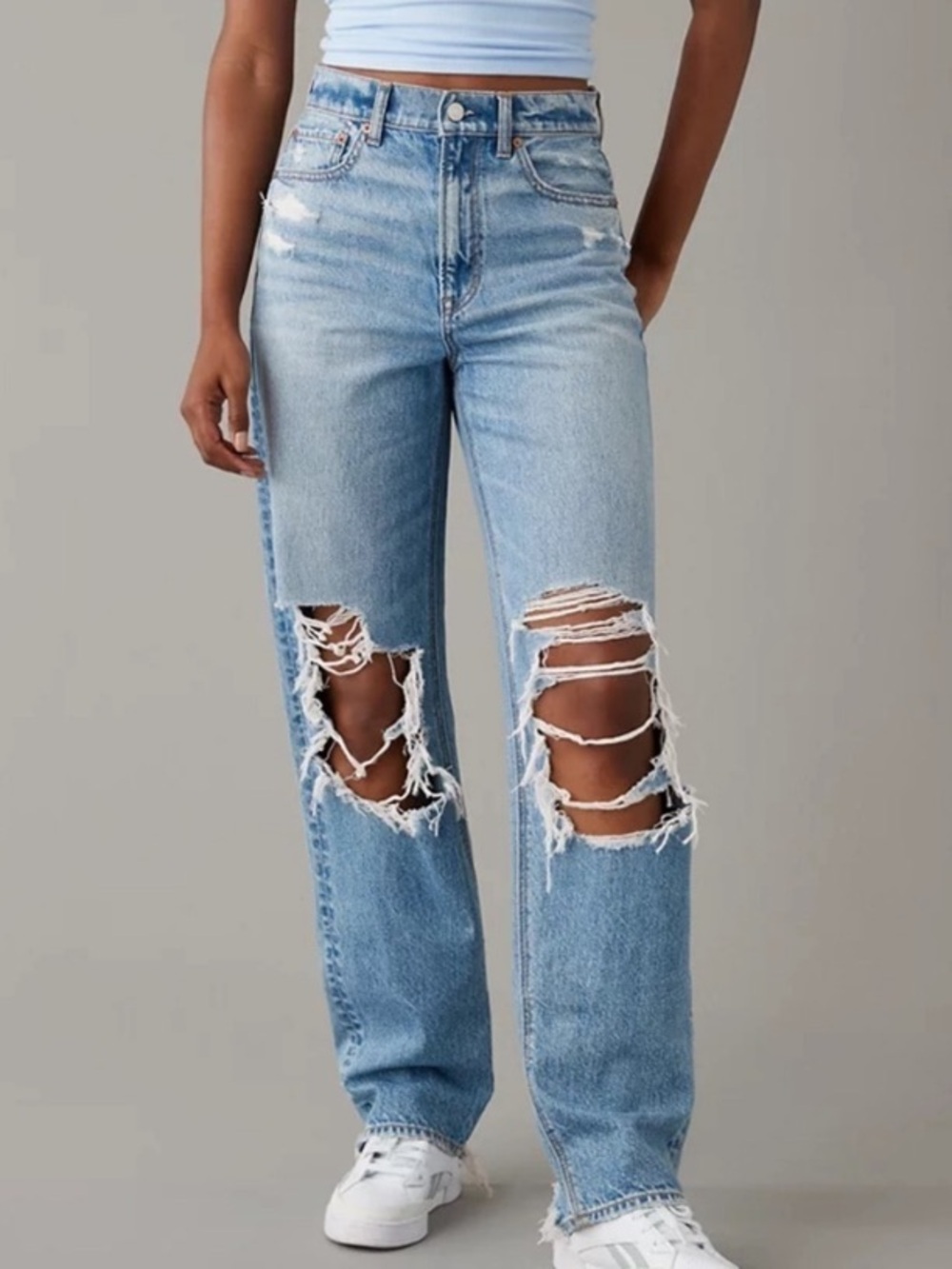 American Eagle Highest Rise Baggy Straight Destroyed Jeans Size: 8 Regular - Picture 1 of 16